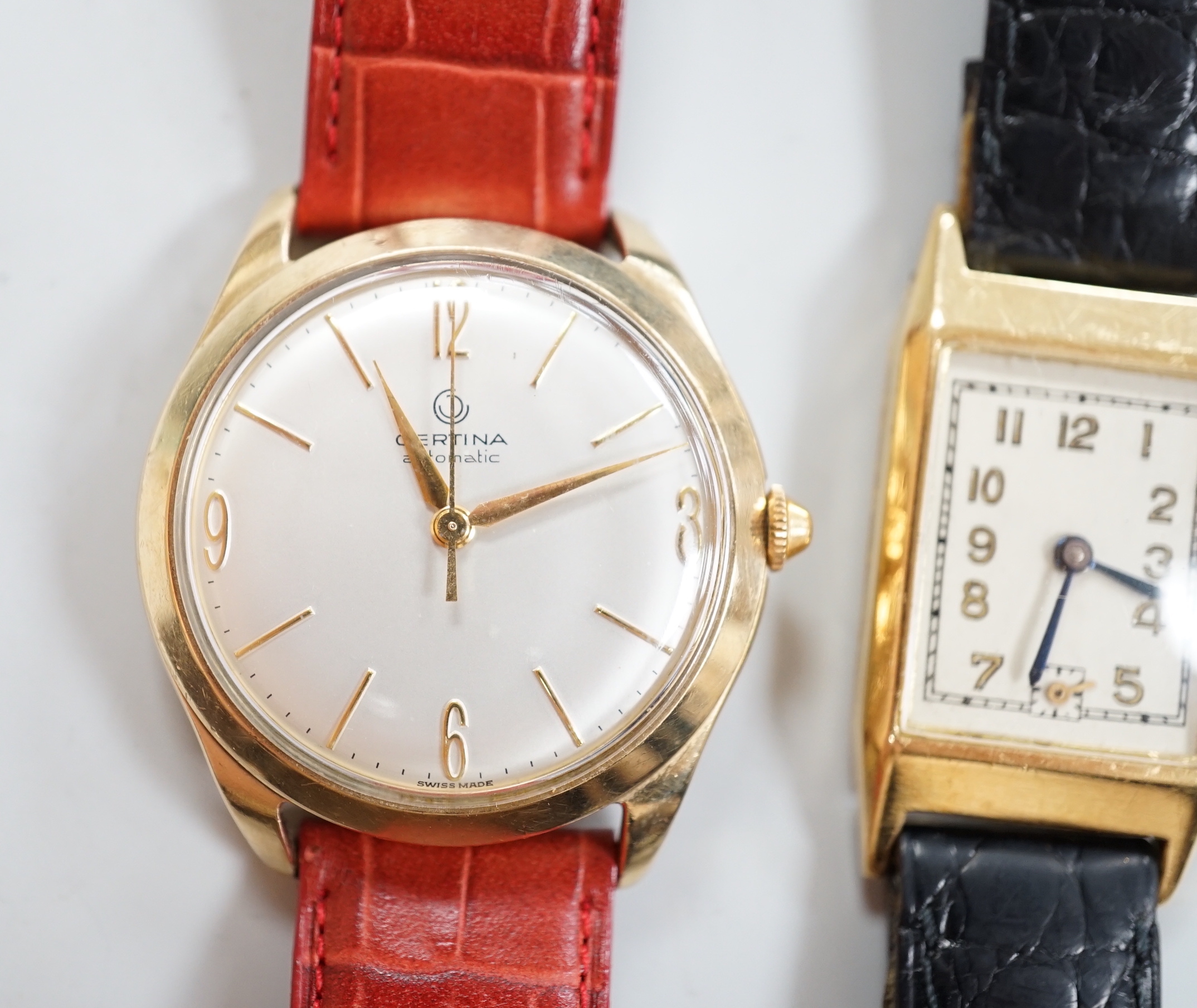 A gentleman's French yellow metal (18ct poincon mark) rectangular manual wind wrist watch, on a leather strap, together with a gentleman's 9ct gold Certina automatic wrist watch.